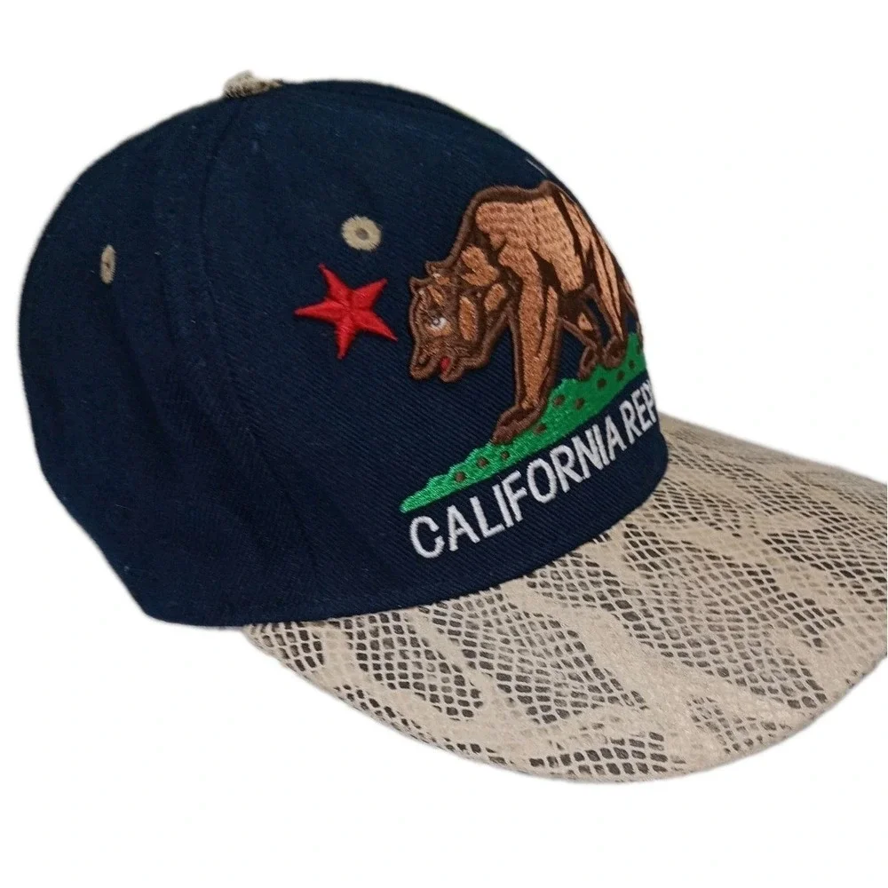 California Republic Bear Hat Pit Bull Strapback Trucker Snake Skin Brim Cap